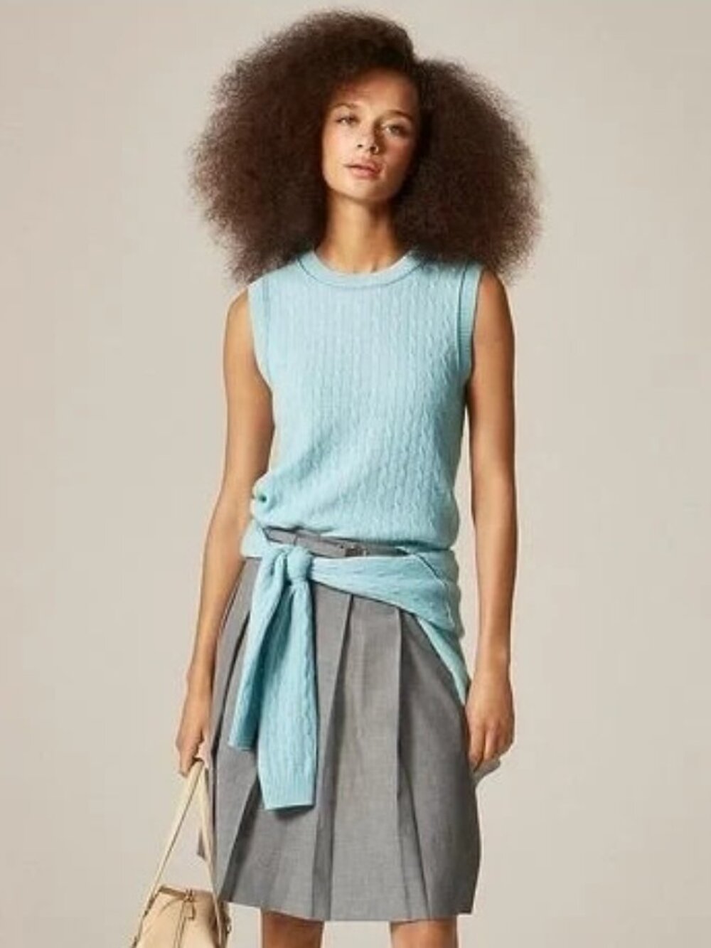 NWT J.Crew Cashmere Cable-knit Sweater Shell Contrast Trim in Dewy Blue Brown M